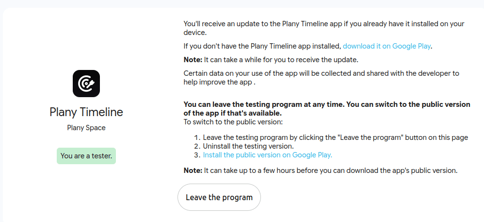 Google Play confirmation screen showing the download it on Google Play link for Plany Timeline